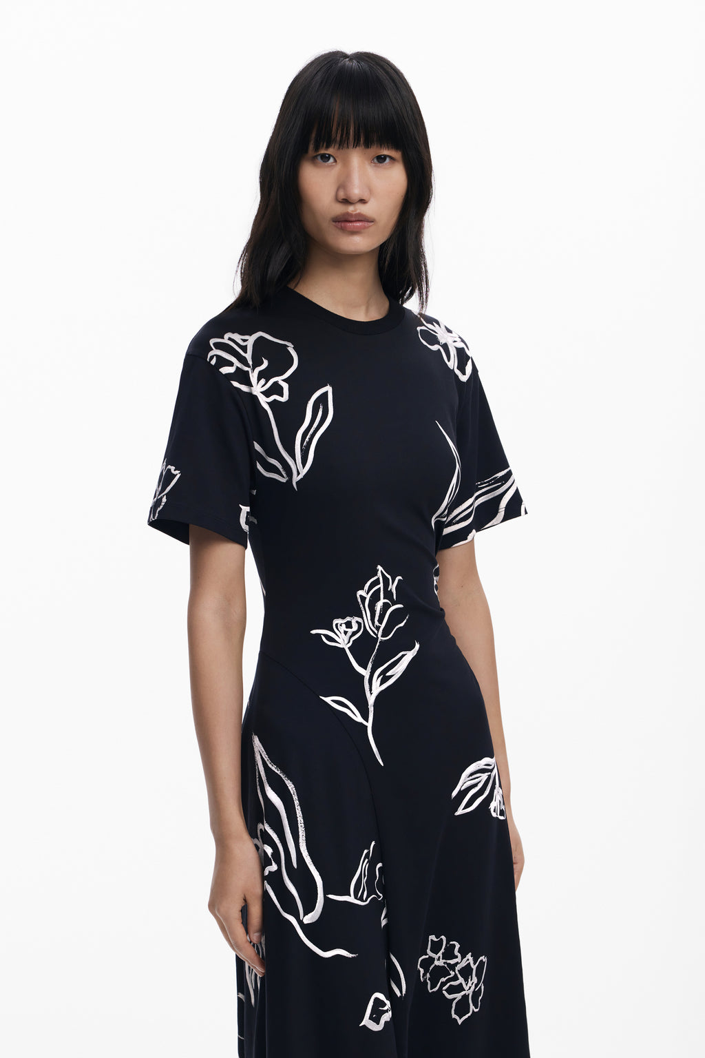 Asymmetric dress with floral strokes