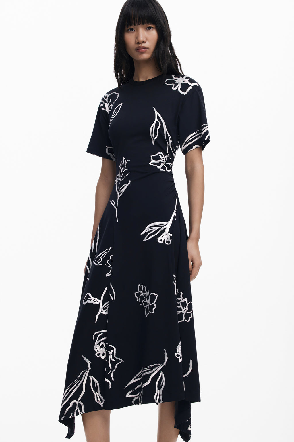 Asymmetric dress with floral strokes